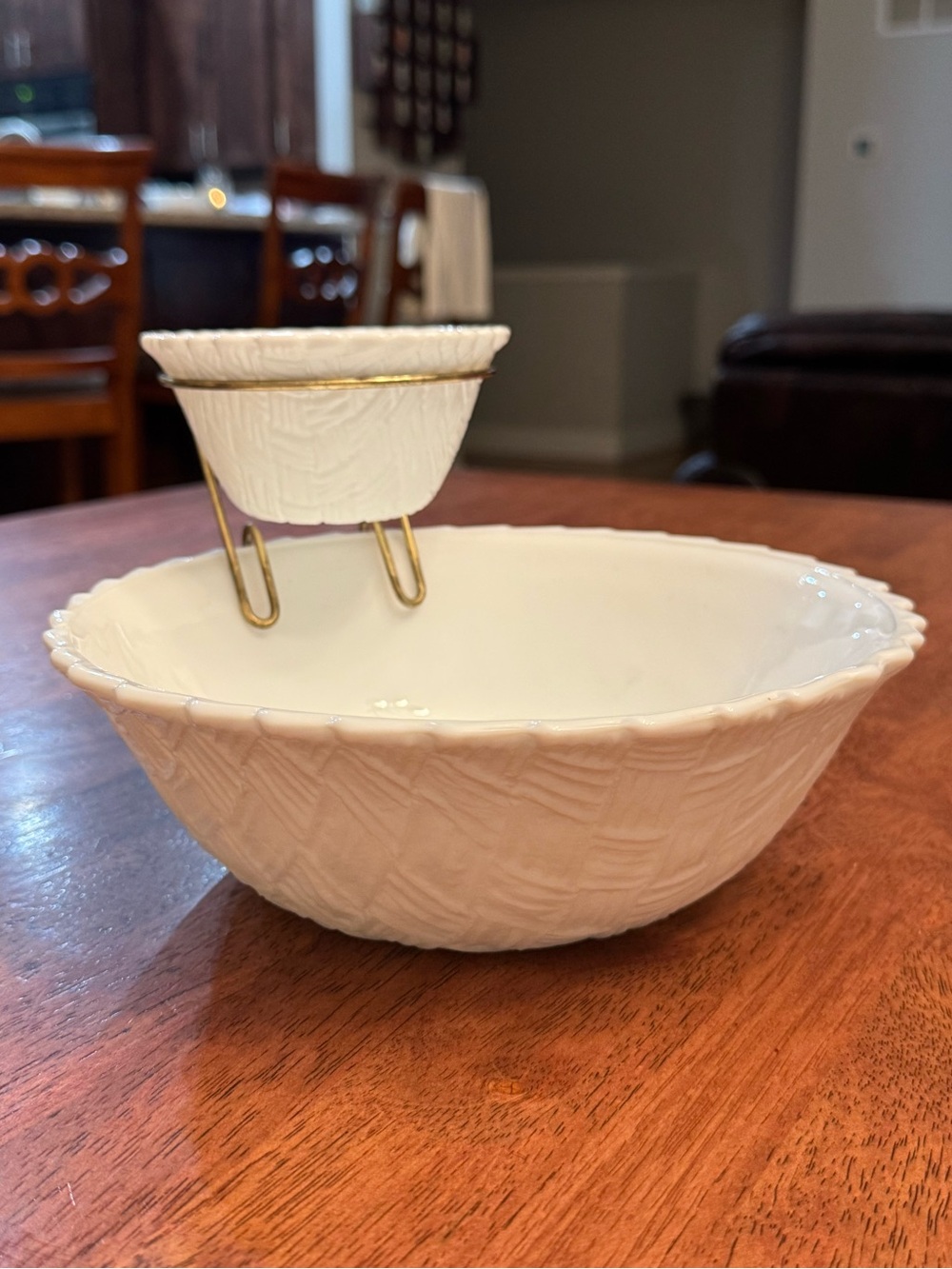 Vintage Indiana Glass White Milk Glass Basketweave Chip and Dip Set- Gold Metal